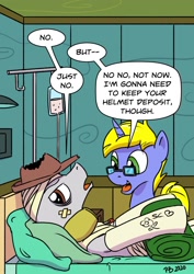 Size: 1280x1811 | Tagged: safe, artist:pony-berserker, oc, oc:final drive, oc:longhaul, pony, bandage, bed, cast, comically missing the point, hospital, hospital bed, pillow, unamused