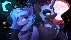 Size: 2300x1320 | Tagged: safe, artist:yakovlev-vad, nightmare moon, princess luna, alicorn, pony, g4, constellation, crescent moon, duality, duo, duo female, ethereal mane, eyebrows, fangs, female, full moon, glowing, glowing horn, helmet, horn, mare, moon, open mouth, s1 luna, slender, slit pupils, stars, thin, wings