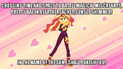 Size: 700x394 | Tagged: safe, edit, edited screencap, screencap, sunset shimmer, equestria girls, equestria girls specials, g4, my little pony equestria girls: better together, my little pony equestria girls: sunset's backstage pass, backstage pass, caption, henshin, image macro, in the name of the moon i'll punish you, logo, pose, sailor moon (series), sliding background, text