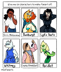 Size: 828x972 | Tagged: safe, artist:lieutenantcactus, sunburst, gem (race), human, lizard, pony, scorpion, unicorn, wolf, anthro, g4, animal crossing, anthro with ponies, beetlejuice, clothes, coat markings, connie maheswaran, crossover, dark skin, eating, eyes closed, female, gem, glasses, lydia deetz, male, open mouth, peridot, peridot (steven universe), six fanarts, socks (coat markings), spoilers for another series, stallion, steven universe, steven universe: the movie, trail to oregon, whitney (animal crossing)