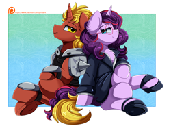 Size: 3430x2524 | Tagged: safe, artist:pridark, oc, oc only, oc:aramau, oc:firebrand, pony, unicorn, armor, back to back, chest fluff, clothes, crossed legs, female, firemau, glasses, high heels, high res, male, mare, patreon, patreon logo, patreon reward, shoes, sitting, skirt, skirt suit, stallion, suit, tube skirt