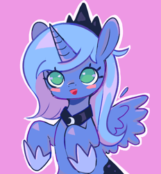 Size: 720x775 | Tagged: safe, artist:10uhh, princess luna, alicorn, pony, g4, blushing, crown, cute, female, filly, jewelry, lunabetes, no pupils, open mouth, pink background, regalia, s1 luna, simple background, solo, spread wings, white outline, wings, woona, younger