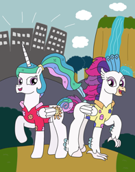 Size: 2382x3028 | Tagged: safe, artist:supahdonarudo, princess celestia, queen novo, alicorn, classical hippogriff, hippogriff, pony, fanfic:a royal getaway, between dark and dawn, g4, my little pony: the movie, city, cityscape, clothes, cloud, cover, fanfic art, hawaiian shirt, high res, ponytail, raised hoof, shirt, vacation, waterfall