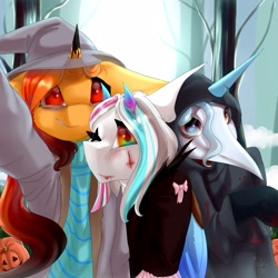 Size: 2160x2160 | Tagged: safe, artist:ellis_sunset, oc, oc only, alicorn, pony, unicorn, alicorn oc, clothes, costume, halloween, hat, heterochromia, high res, holiday, horn, jack-o-lantern, one eye closed, outdoors, plague doctor mask, pumpkin, selfie, smiling, tree, two toned wings, unicorn oc, wings, wink, witch hat
