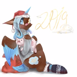 Size: 2160x2160 | Tagged: safe, artist:ellis_sunset, oc, oc only, alicorn, pig, pony, alicorn oc, bandaid, bandaid on nose, christmas, clothes, freckles, happy new year 2019, hat, heterochromia, high res, holiday, horn, santa hat, santa sack, simple background, sitting, socks, two toned wings, white background, wings
