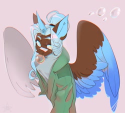 Size: 2400x2160 | Tagged: safe, artist:ellis_sunset, oc, oc only, alicorn, pony, alicorn oc, bandaid, bandaid on nose, bubblegum, bust, clothes, food, gum, heterochromia, high res, horn, solo, two toned wings, wings