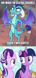 Size: 514x1112 | Tagged: safe, screencap, princess ember, starlight glimmer, twilight sparkle, alicorn, dragon, pony, unicorn, fame and misfortune, g4, sweet and smoky, blushing, caption, cropped, dragoness, female, image macro, looking at each other, mare, simpsons did it, text, twilight sparkle (alicorn)