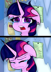 Size: 763x1080 | Tagged: safe, artist:nel_liddell, twilight sparkle, alicorn, pony, g4, the ending of the end, 2 panel comic, bust, chest fluff, comic, crying, crylight sparkle, d:, eyes closed, female, floppy ears, mare, open mouth, scared, scene interpretation, solo, tears of fear, twilight sparkle (alicorn)