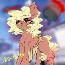 Size: 900x900 | Tagged: safe, artist:nel_liddell, oc, oc only, pegasus, pony, cross-popping veins, dialogue, offscreen character, pegasus oc, signature, solo, wings
