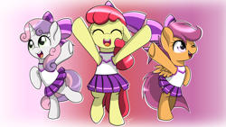 Size: 2560x1440 | Tagged: safe, artist:enviaart, apple bloom, scootaloo, sweetie belle, earth pony, pegasus, pony, unicorn, g4, adorabloom, bipedal, cheerleader outfit, clothes, cute, cutealoo, cutie mark crusaders, diasweetes, eyes closed, one eye closed, open mouth, wink