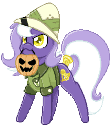 Size: 273x306 | Tagged: safe, artist:bitsandbees, oc, oc only, oc:aether naut, earth pony, pony, :3, >:3, animated, blinking, clothes, commission, earth pony oc, gif, hat, mouth hold, nightmare night, pith helmet, pumpkin bucket, simple background, solo, tail wrap, transparent background, ych result