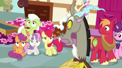 Size: 1920x1080 | Tagged: safe, screencap, apple bloom, big macintosh, discord, granny smith, scootaloo, sugar belle, sweetie belle, earth pony, pegasus, pony, unicorn, g4, the big mac question, cutie mark crusaders, female, filly, foal, male, mare, stallion