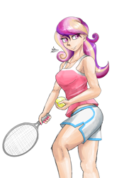 Size: 1400x2000 | Tagged: safe, artist:zachc, princess cadance, human, g4, clothes, female, humanized, looking away, solo, tennis ball, tennis racket