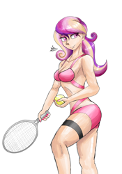 Size: 1400x2000 | Tagged: safe, alternate version, artist:zachc, princess cadance, human, g4, breasts, clothes, female, humanized, looking away, solo, swimsuit, tennis ball, tennis racket