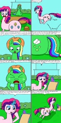 Size: 1280x2560 | Tagged: safe, artist:eternaljonathan, applejack, pinkie pie, rainbow dash, rarity, oc, oc:party fashion, oc:streaking sour apple, earth pony, pegasus, pony, unicorn, comic:super party fusion, g4, butt, canterlot, canterlot castle, clipboard, comic, commissioner:bigonionbean, cutie mark, dialogue, female, flank, fusion, fusion:party fashion, fusion:streaking sour apple, huge butt, jiggle, large butt, magic, mare, plot, potion, quill pen, the ass was fat, wings, writer:bigonionbean