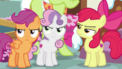 Size: 1920x1080 | Tagged: safe, screencap, apple bloom, granny smith, scootaloo, sweetie belle, g4, the big mac question, angry, apple bloom is not amused, cutie mark, cutie mark crusaders, scootaloo is not amused, sweetie belle is not amused, the cmc are not amused, the cmc's cutie marks, unamused