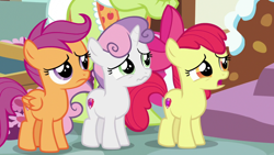 Size: 1920x1080 | Tagged: safe, screencap, apple bloom, granny smith, scootaloo, sweetie belle, earth pony, pegasus, pony, unicorn, g4, the big mac question, cutie mark, cutie mark crusaders, female, mare, sad, the cmc's cutie marks, upset