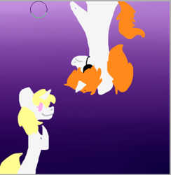 Size: 380x389 | Tagged: safe, artist:pawstheartest, oc, oc only, pony, unicorn, bipedal, duo, eyepatch, gradient background, horn, smiling, unicorn oc, upside down