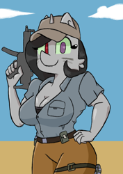 Size: 2480x3508 | Tagged: safe, artist:divijua, oc, oc only, oc:blackie, unicorn, anthro, anthro oc, black hair, breasts, cleavage, female, gun, heterochromia, high res, weapon