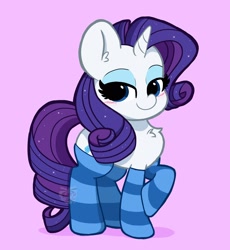 Size: 2300x2500 | Tagged: safe, artist:kittyrosie, rarity, pony, unicorn, g4, blushing, chest fluff, clothes, cute, ear fluff, female, high res, mare, pink background, raribetes, simple background, socks, solo, striped socks