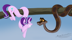 Size: 1632x918 | Tagged: safe, artist:megaanimationfan, starlight glimmer, snake, g4, coiling, crossover, disney, elastic, kaa, long glimmer, long pony, stretchy, the jungle book, tree branch