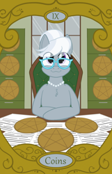 Size: 900x1400 | Tagged: safe, artist:sixes&sevens, silver spoon, earth pony, pony, g4, coin, female, filing cabinet, lawyer, mare, nine of coins, nine of diamonds, older, older silver spoon, paperwork, tarot card, window