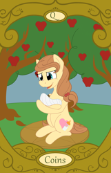 Size: 900x1400 | Tagged: safe, artist:sixes&sevens, button mash, oc, oc:cream heart, pony, g4, apple, apple tree, baby, baby button mash, baby pony, cream heart and button mash:best mother and son, female, male, mother and child, mother and son, queen of coins, queen of diamonds, tarot card, tree, younger