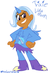 Size: 753x1090 | Tagged: safe, artist:mirabuncupcakes15, trixie, human, g4, boots, clothes, dark skin, female, grin, high heel boots, hoodie, horn, horned humanization, humanized, pants, raised eyebrow, shoes, simple background, skirt, smiling, smug, solo, white background