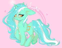 Size: 4500x3500 | Tagged: safe, artist:amywhandicy, lyra heartstrings, pony, unicorn, g4, female, floppy ears, glowing horn, heart, horn, long mane, looking at you, mare, pink background, signature, simple background, smiling, solo