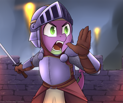 Size: 5940x5000 | Tagged: safe, artist:felixf, spike, dragon, anthro, g4, absurd resolution, armor, castle, fireball, knight, male, night, signature, solo, spike the brave and glorious, sword, wall, weapon, yelling