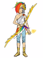 Size: 2600x3500 | Tagged: safe, artist:aritimas, part of a set, rainbow dash, human, g4, arrow, bow (weapon), bow and arrow, clothes, hair over one eye, high res, humanized, male, rainbow blitz, rule 63, sandals, simple background, solo, weapon, white background