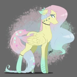 Size: 1024x1024 | Tagged: safe, artist:kurookaamii, artist:thelazyponyy, fluttershy, pegasus, pony, g4, abstract background, coat markings, colored eartips, colored wings, colored wingtips, female, floppy ears, mare, multicolored mane, redesign, signature, socks (coat markings), solo