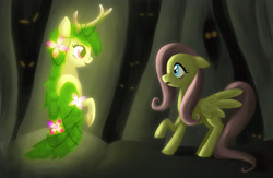 Size: 4000x2600 | Tagged: safe, artist:aritimas, fluttershy, oc, pegasus, pony, g4, crepuscular rays, duo, female, floppy ears, flower, forest, glowing, mare