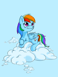 Size: 1200x1600 | Tagged: safe, artist:underdog234, rainbow dash, pegasus, pony, g4, blue background, cloud, female, lying down, lying on a cloud, mare, on a cloud, simple background, solo