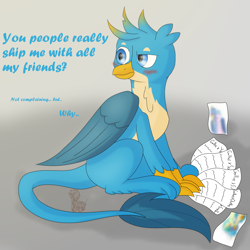 Size: 2449x2449 | Tagged: safe, artist:shinxx24, gallus, griffon, g4, blushing, breaking the fourth wall, gallus gets all the creatures, gallus gets all the mares, high res, implied shipping, male, sitting, solo, student six omniship