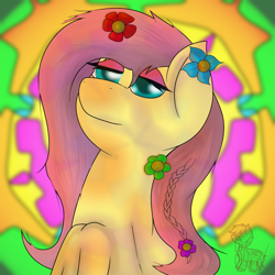 Size: 3000x3000 | Tagged: safe, artist:shinxx24, fluttershy, pegasus, pony, g4, female, flower, flower in hair, flutterhigh, high, high res, implied drug use, mare, psychedelic, solo