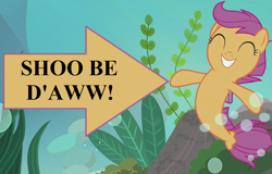Size: 900x576 | Tagged: safe, edit, edited screencap, editor:korora, screencap, scootaloo, seapony (g4), g4, surf and/or turf, bubble, caption arrow, cropped, cute, cutealoo, female, happy, pun, seaponified, seapony scootaloo, seaweed, shoo be doo, species swap, text, underwater, your heart is in two places