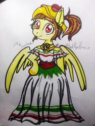 Size: 720x960 | Tagged: safe, artist:blackmoonhooves, oc, oc only, oc:tailcoatl, pegasus, anthro, clothes, dress, mexican independence day, mexico, nation ponies, ponified, solo, traditional art