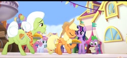 Size: 1813x826 | Tagged: safe, screencap, applejack, glitter glow, granny smith, maple grove, spike, twilight sparkle, alicorn, earth pony, pony, unicorn, g4, my little pony: the movie, clothes, granny smith's shawl, happy, singing, twilight sparkle (alicorn), we got this together