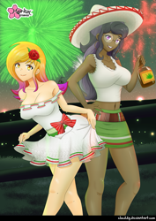 Size: 1389x1961 | Tagged: safe, artist:clouddg, oc, oc only, oc:citrine, oc:sanaa, equestria girls, g4, belly button, big breasts, bottle, breasts, cleavage, clothes, dress, duo, ear piercing, earring, female, flower, flower in hair, hairclip, hat, hooped earrings, jewelry, mexico, piercing, skirt, sombrero, tank top