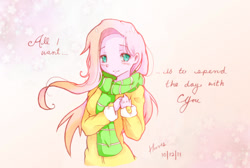 Size: 1000x673 | Tagged: safe, artist:derpiihooves, fluttershy, human, g4, clothes, faith summers, female, humanized, jacket, scarf, solo
