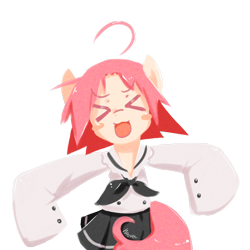 Size: 1000x1000 | Tagged: safe, artist:derpiihooves, pony, ><, ahoge, blush sticker, blushing, clothes, eyes closed, female, kogami akira, lucky star, ponified, sailor uniform, simple background, solo, transparent background, uniform