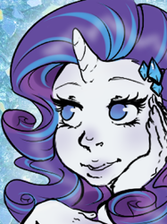 Size: 300x402 | Tagged: safe, artist:homosocks, rarity, human, g4, bust, cutie mark hair accessory, female, horn, horned humanization, humanized, no pupils, portrait, solo