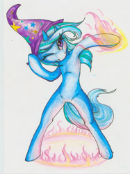 Size: 1166x1555 | Tagged: safe, artist:shad-o-ren, trixie, unicorn, semi-anthro, g4, arm hooves, female, magic, one eye closed, solo, traditional art