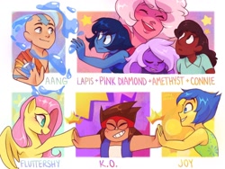 Size: 1280x964 | Tagged: safe, artist:daycolors, fluttershy, gem (race), human, pegasus, pony, g4, aang, airbending, amethyst (steven universe), avatar the last airbender, bust, connie maheswaran, disney, female, high five, hydrokinesis, inside out, joy (inside out), k.o. (ok k.o.!), lapis lazuli (steven universe), male, mare, ok k.o.! lets be heroes, pink diamond (steven universe), pixar, six fanarts, spoilers for another series, steven universe, water, water magic, waterbending