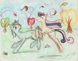 Size: 2478x1964 | Tagged: safe, artist:kriahfox, bon bon, lyra heartstrings, sweetie drops, earth pony, pony, unicorn, g4, colored pencil drawing, female, jumping, leaves, lesbian, mare, ship:lyrabon, shipping, smiling, traditional art, tree, wind, windswept mane