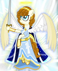Size: 900x1100 | Tagged: safe, artist:php185, pegasus, pony, glowing, heaven, male, shield, shine, sky, solo, sparkles, sword, weapon, wings