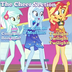 Size: 640x640 | Tagged: safe, edit, edited screencap, screencap, lyra heartstrings, sunset shimmer, trixie, equestria girls, g4, i'm on a yacht, my little pony equestria girls: better together, armpits, beach shorts swimsuit, clothes, female, geode of empathy, geode of fauna, geode of shielding, geode of sugar bombs, geode of super speed, geode of super strength, geode of telekinesis, hands in the air, lyra's beach shorts swimsuit, magical geodes, sarong, swimsuit, trio, trio female