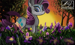 Size: 854x512 | Tagged: safe, alternate version, artist:dreamyskies, rarity, pony, unicorn, g4, cutie mark, detailed, detailed background, evening, eyelashes, female, flower, heart eyes, looking at you, makeup, mare, redraw, remake, rework, smiling at you, solo, standing, sunset, tree, wingding eyes