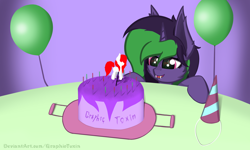 Size: 2670x1600 | Tagged: safe, oc, oc only, earth pony, pony, unicorn, balloon, birthday, cake, candle, cute, fangs, female, fluffy, food, happy, hat, mare, party hat, smiling, solo, table, tray